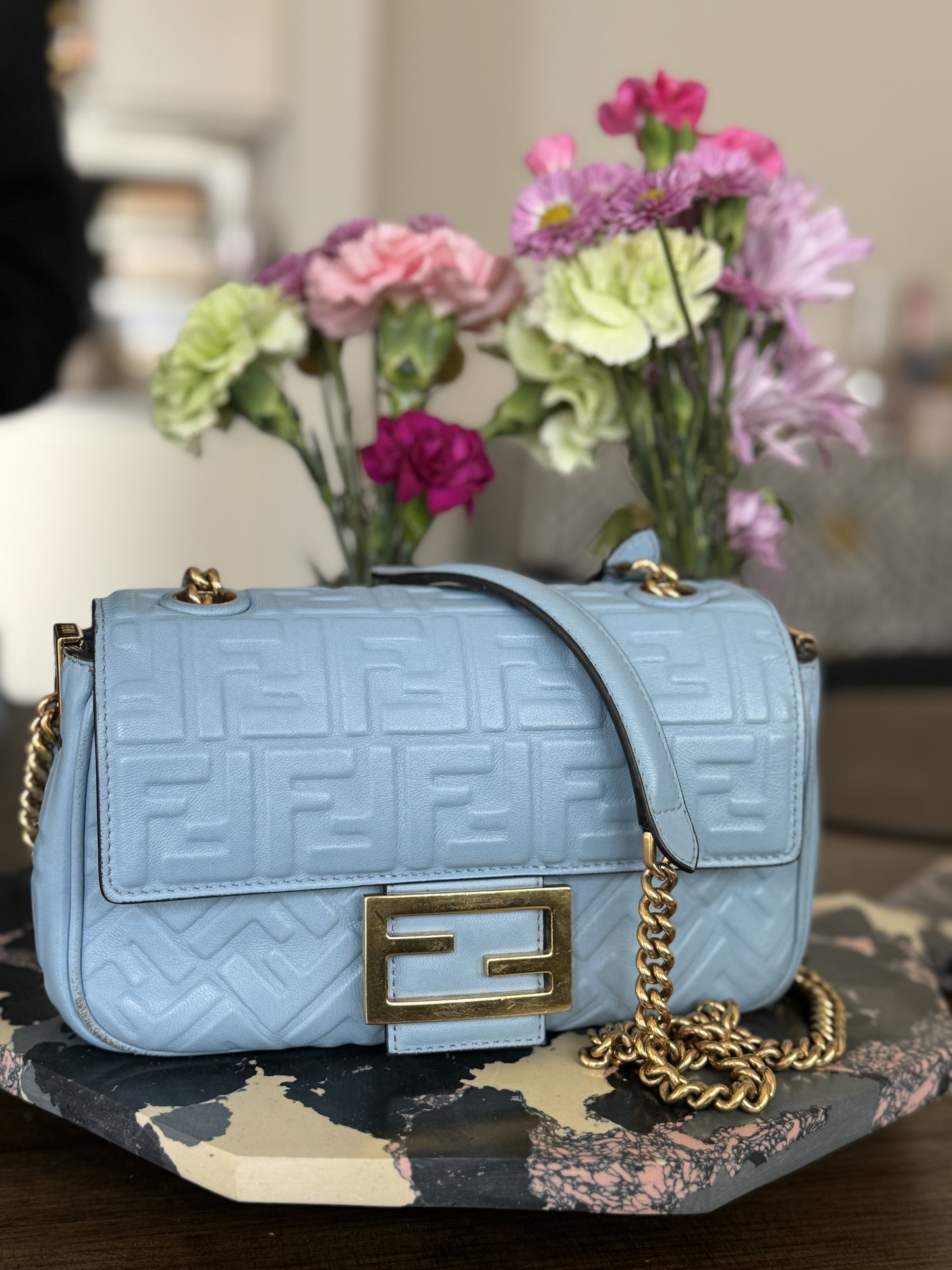 Fendi Embossed Midi Chain Baguette Bag